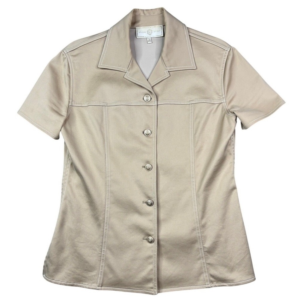 St John Sport Marie Gray Tan Short Sleeve‎ Button Up Top Contrast Stitch Size S